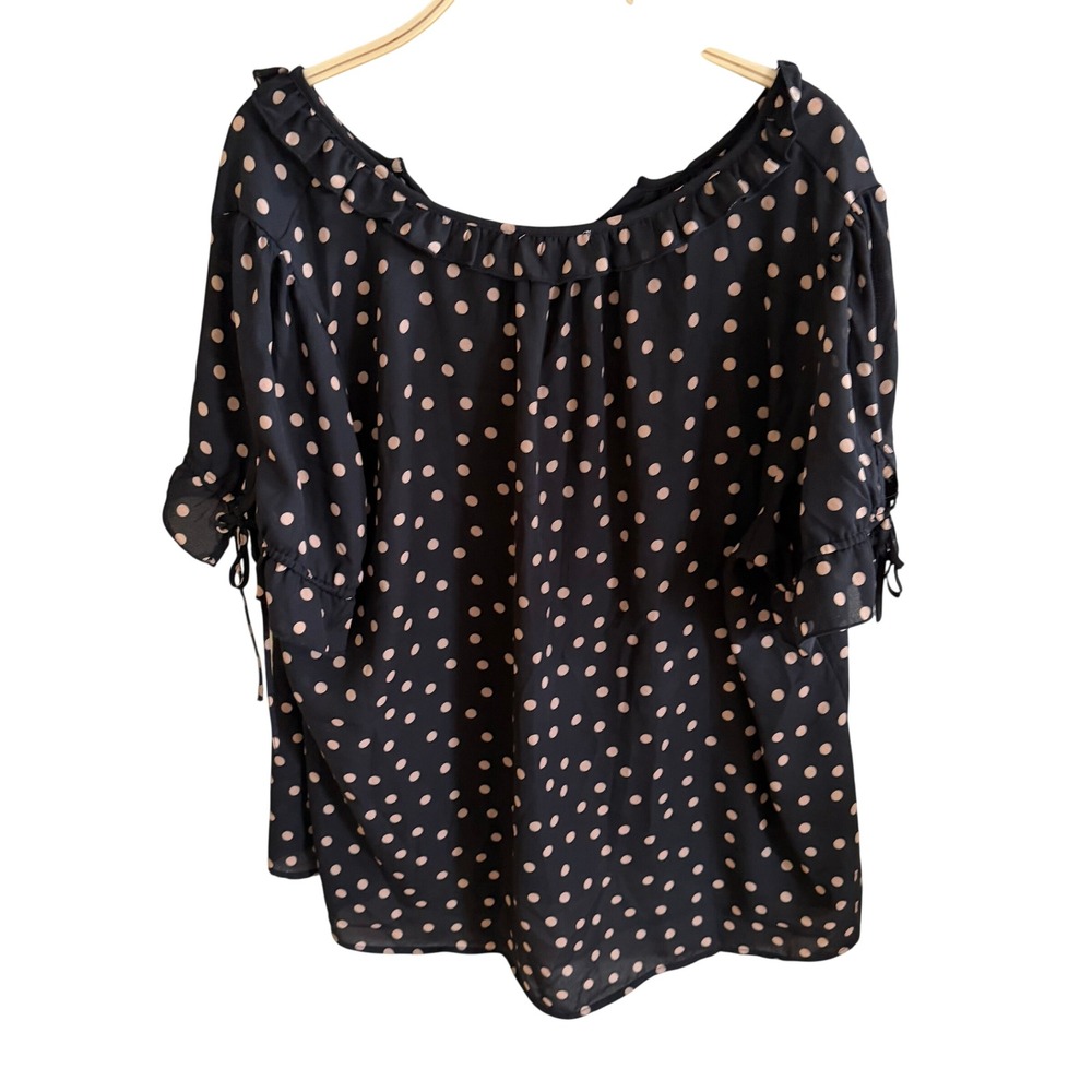 Tamara H. Womens 3X Polka Dot Blouse Black Tan Ruffle Neck Tie Sleeve Top